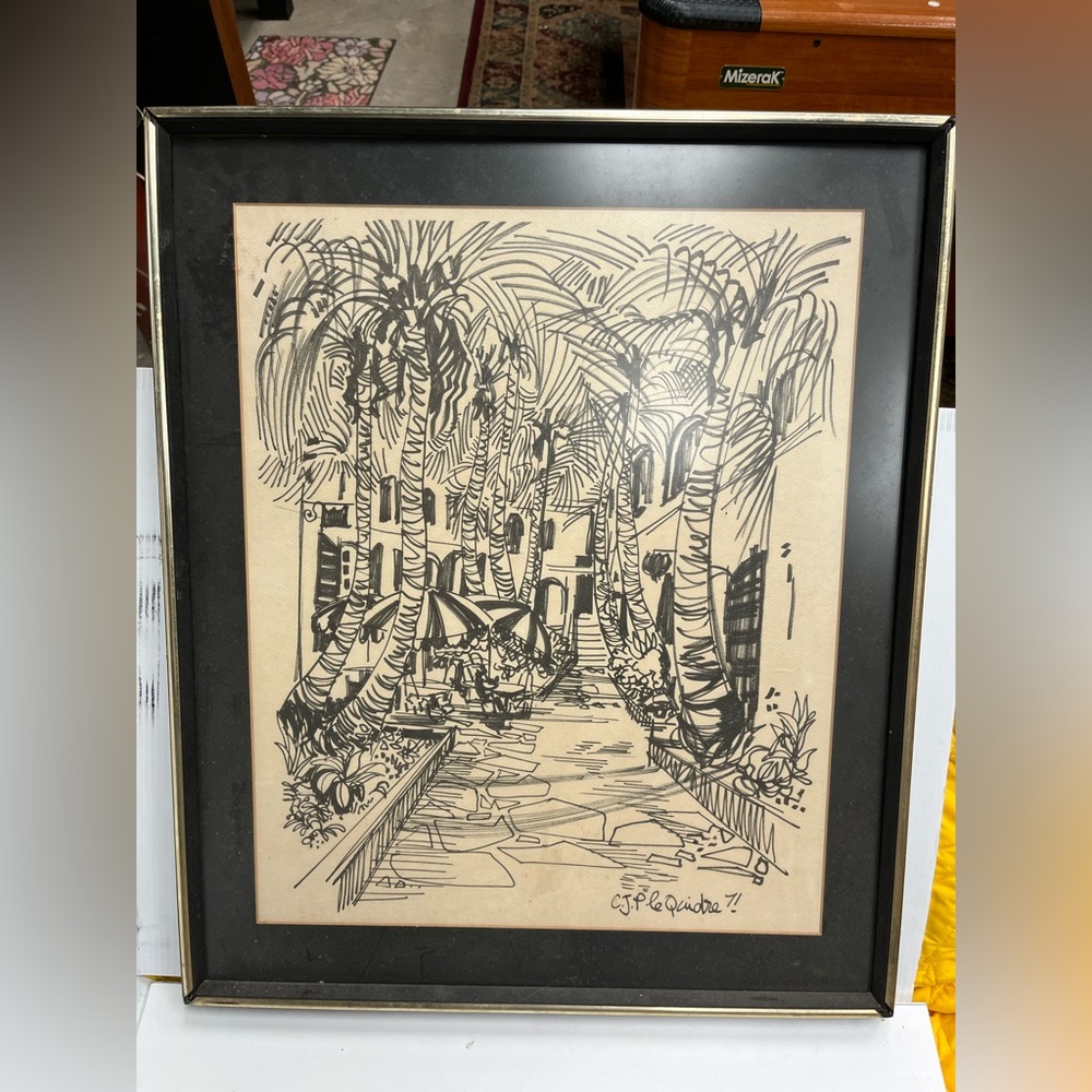 C.J.P Le Quirdre Framed Ink Palm Tree Art